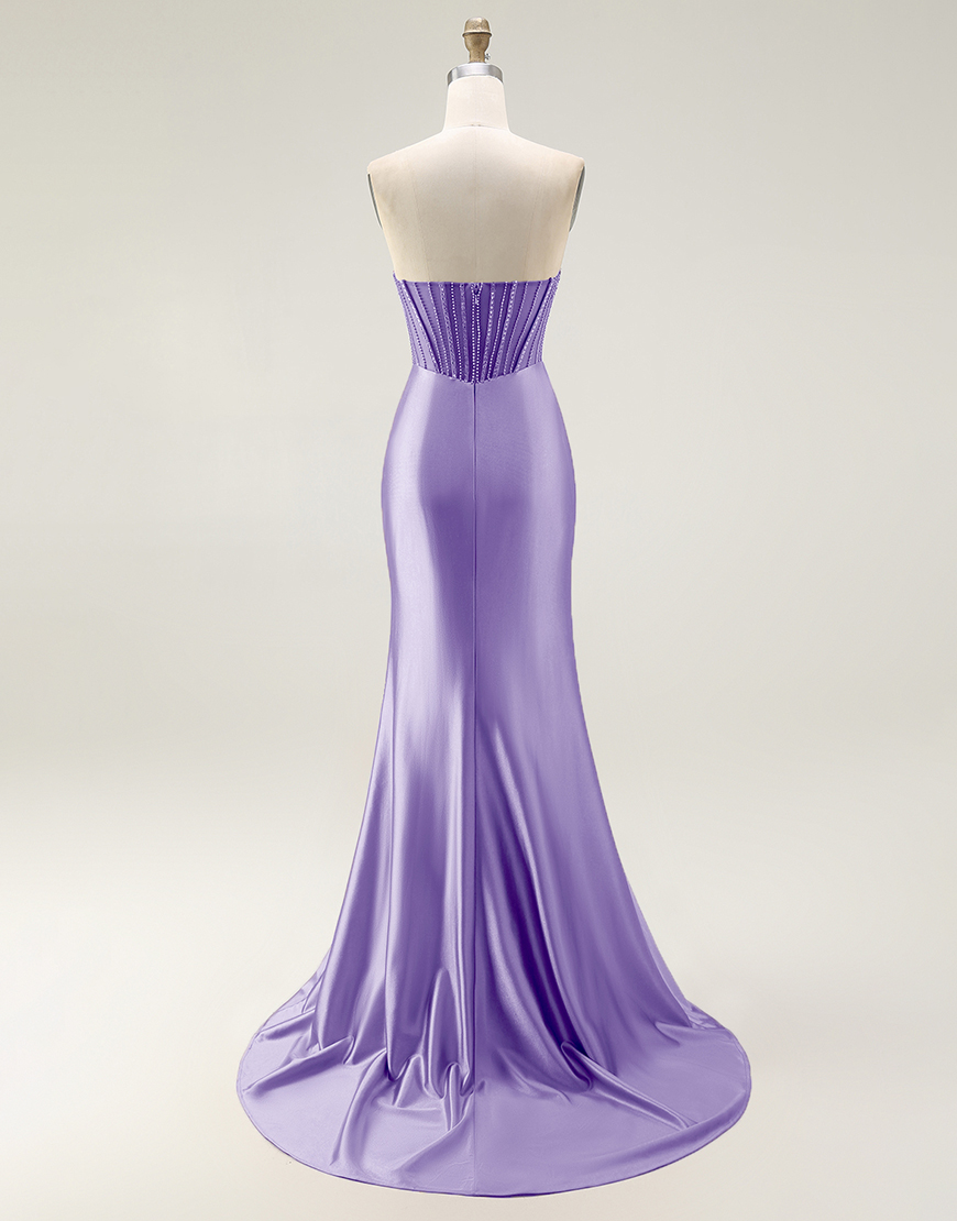 Sparkly Mermaid Blush Strapless Ruched Long Prom Dress with Slit