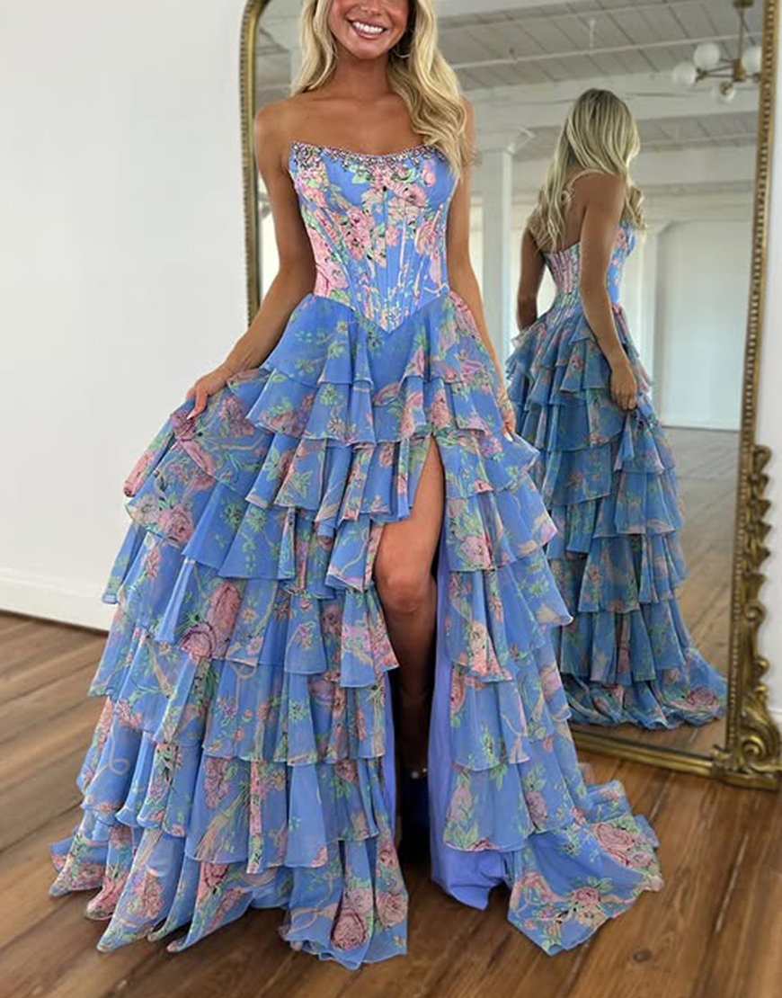 Sparkly Blue Floral Ruffled Long Corset Prom Dress with Slit