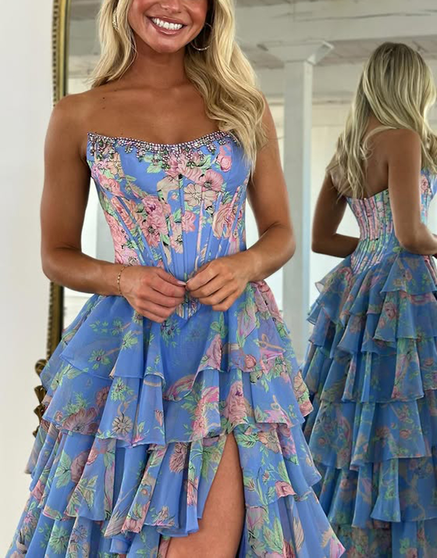 Sparkly Blue Floral Ruffled Long Corset Prom Dress with Slit