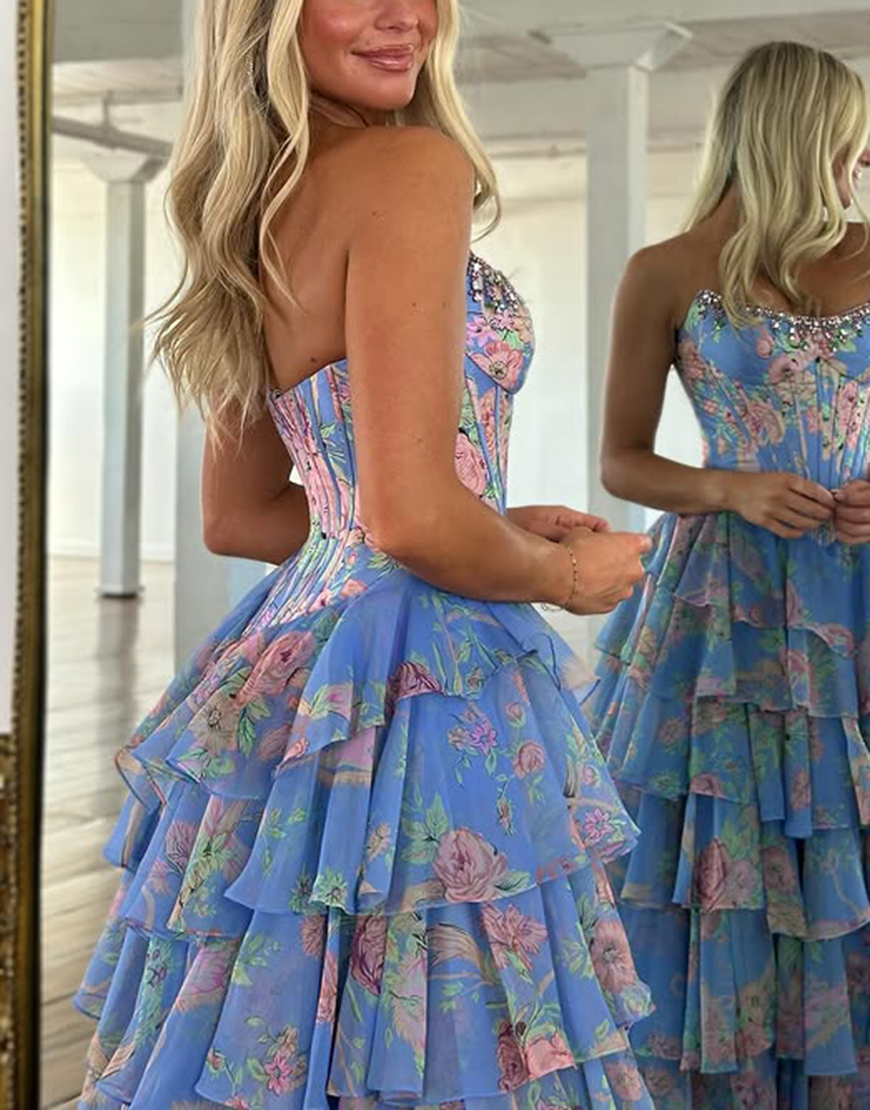 Sparkly Blue Floral Ruffled Long Corset Prom Dress with Slit