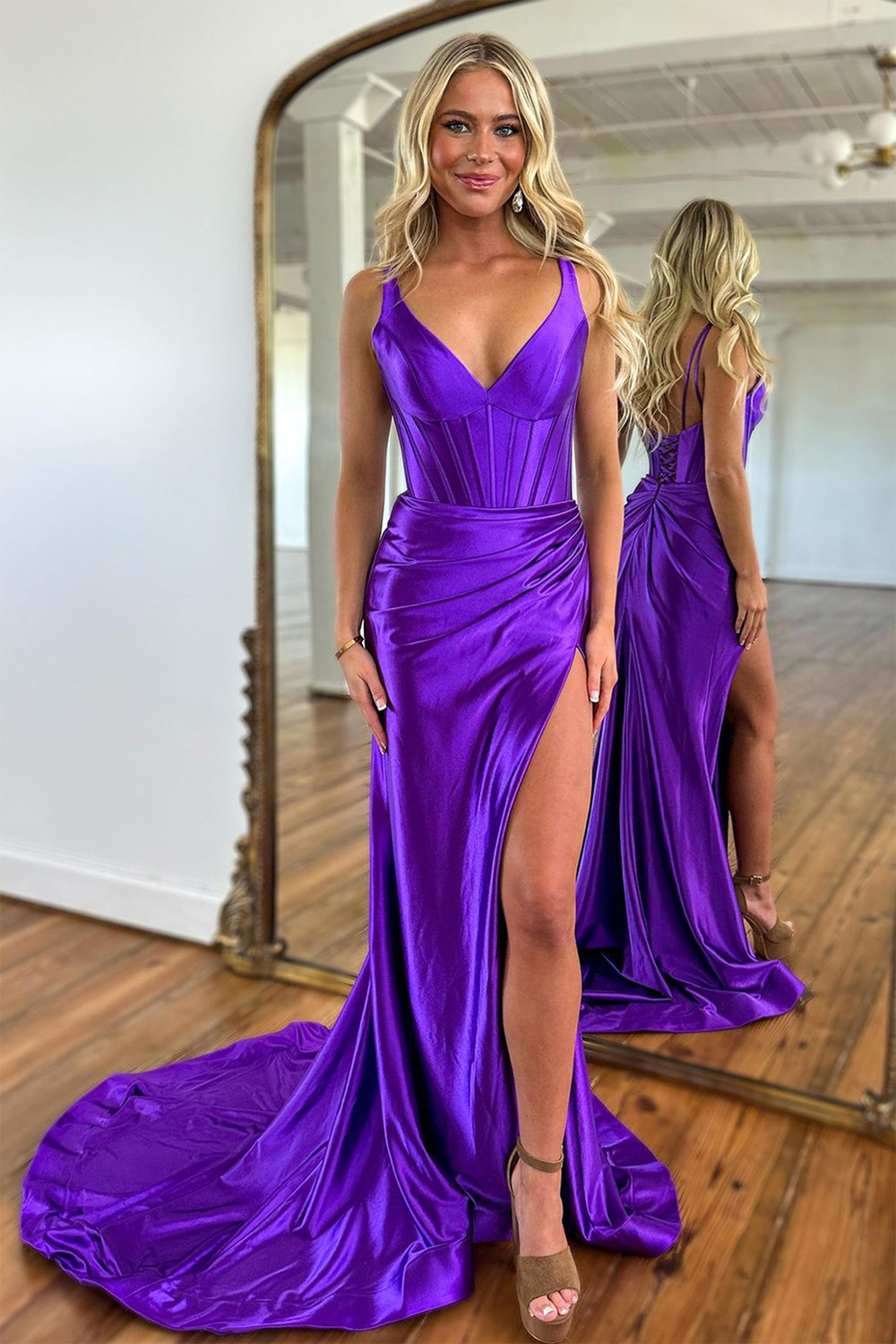Purple Satin V-Neck Sweep Train Mermaid Prom Dress With Slit