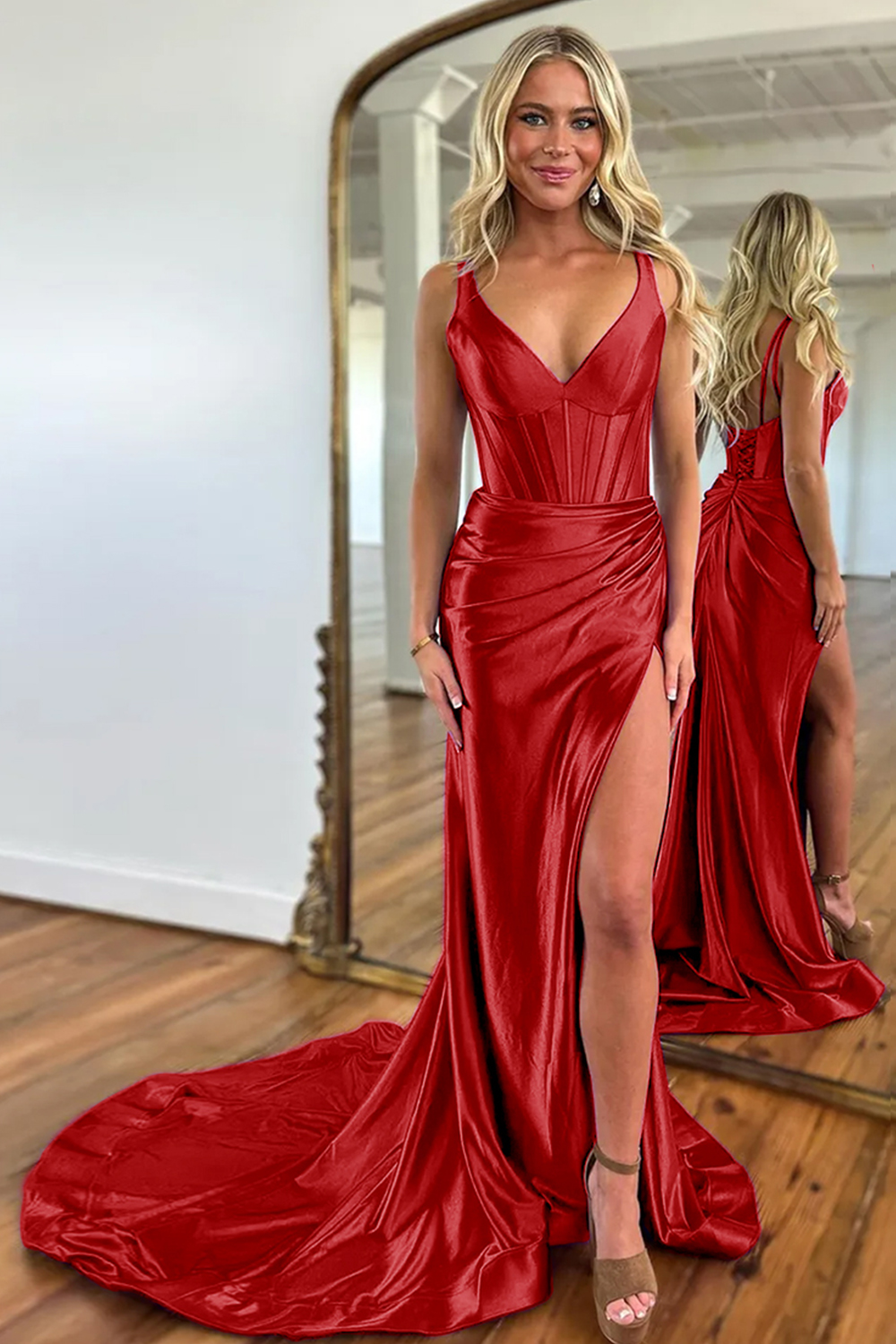 Purple Satin V-Neck Sweep Train Mermaid Prom Dress With Slit