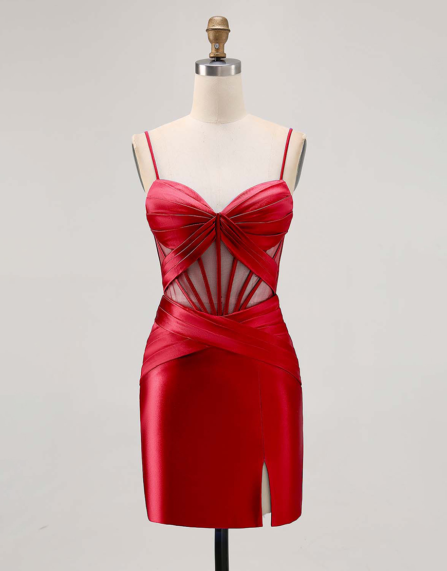 Royal Blue Tight Ruched Satin Short Corset Homecoming Dress with Slit