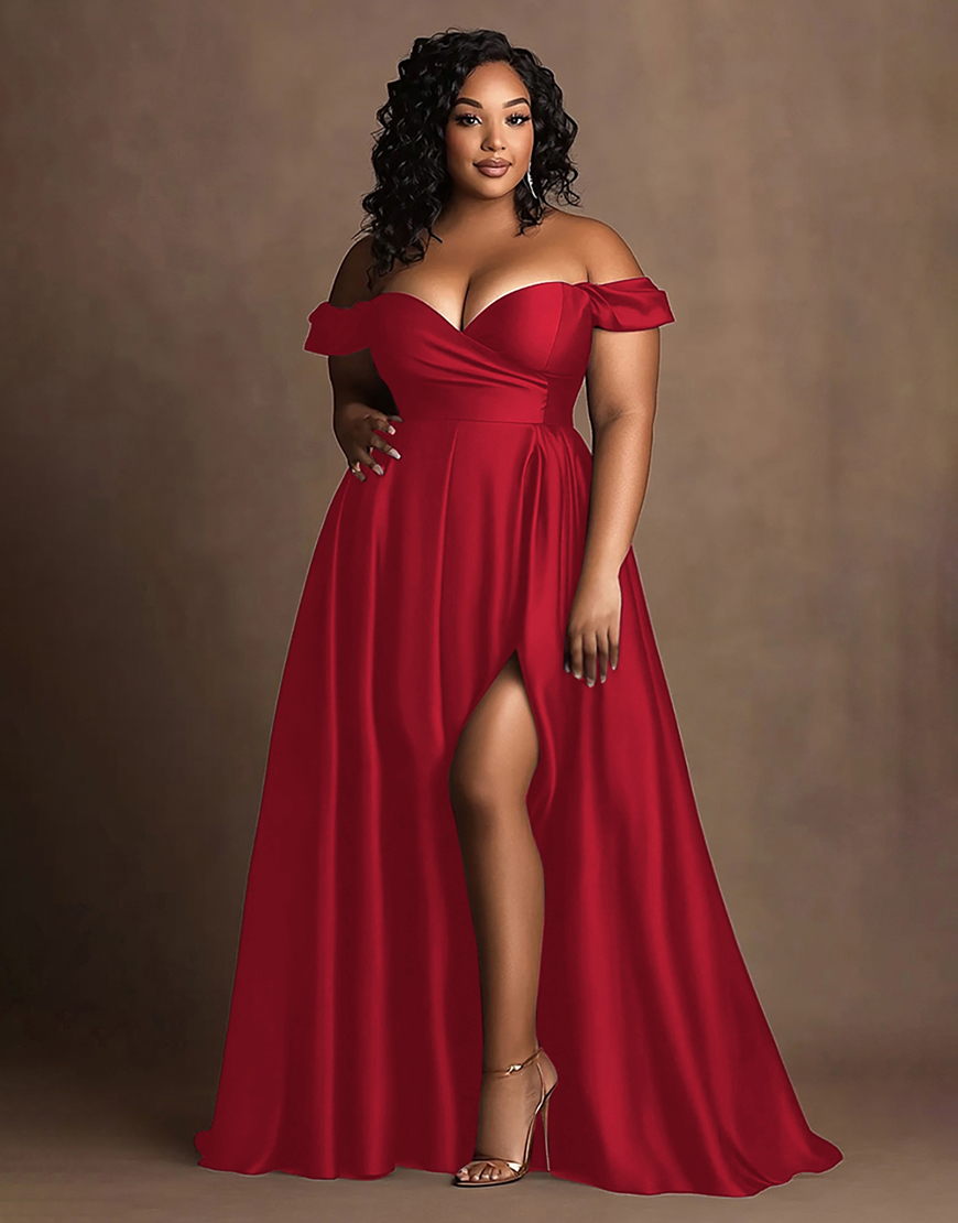 Navy A Line Off the Shoulder Plus Size Long Satin Formal Dress with Slit