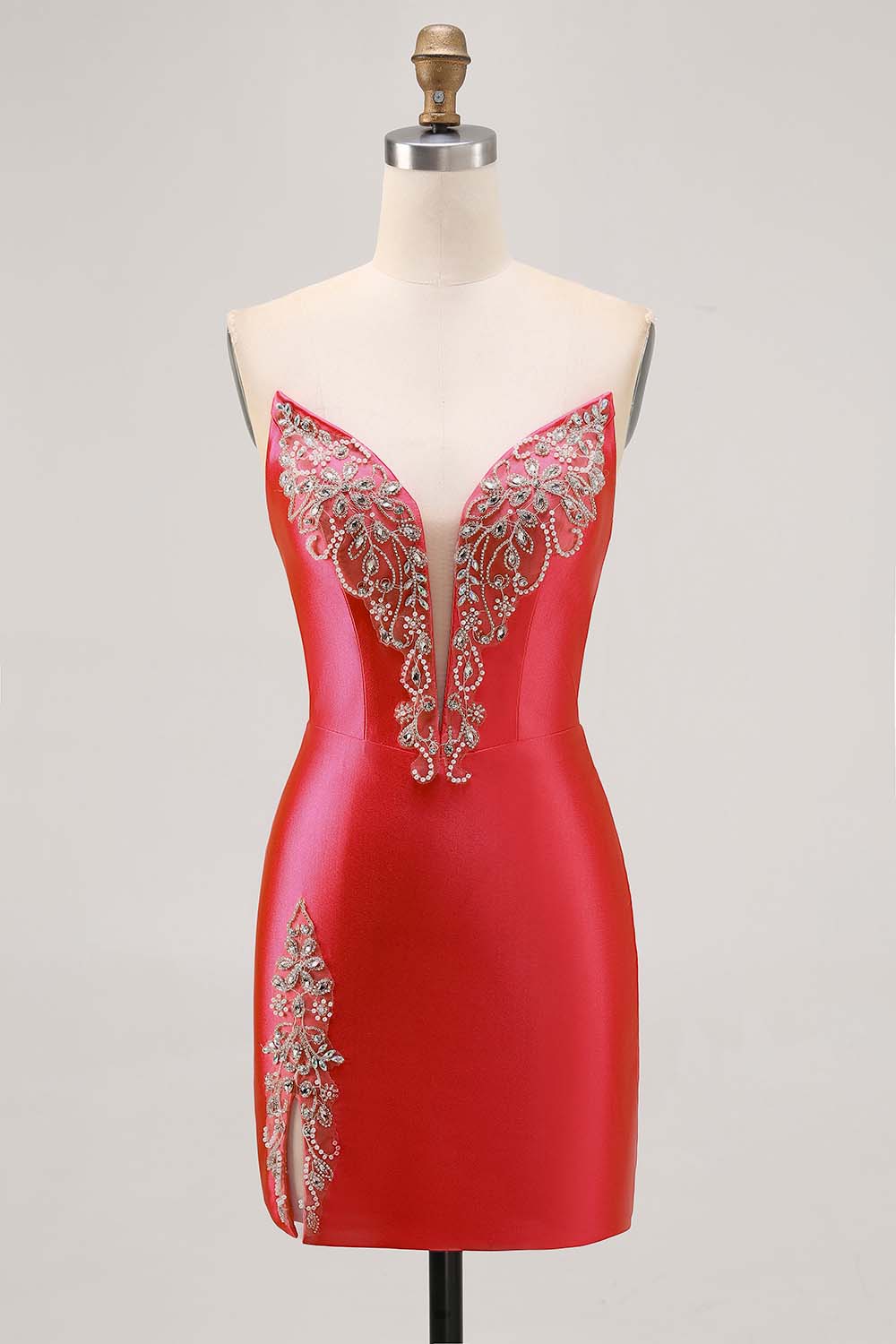 Sparkly Fuchsia Satin Tight Short Strapless Homecoming Dress with Rhinestones