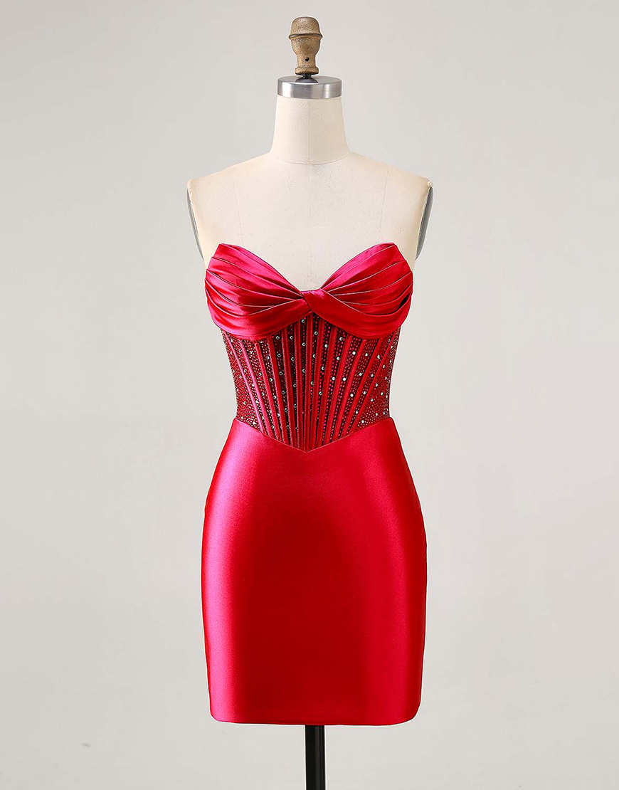 Sparkly Fuchsia Corset Beaded Strapless Short Satin Homecoming Dress