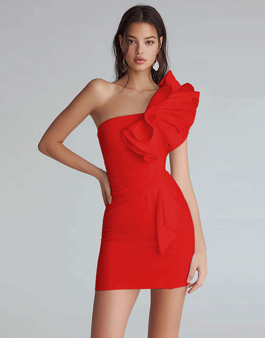 Ivory Satin One Shoulder Short Tight Homecoming Dress with Ruffles