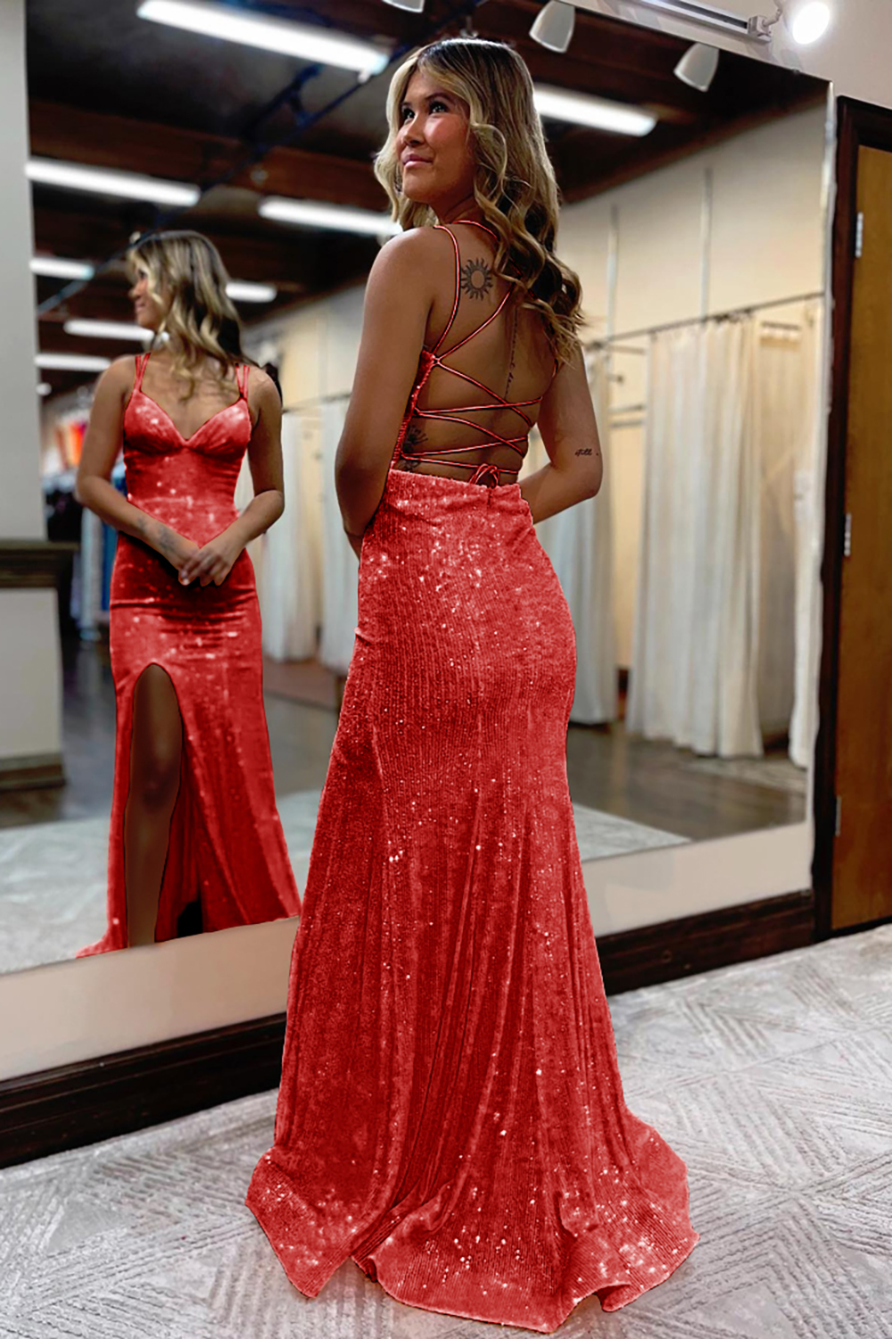 Berlinnova Women Sparkly Red Long Prom Dress Mermaid Spaghetti Straps Sequins Pageant Dress with Slit
