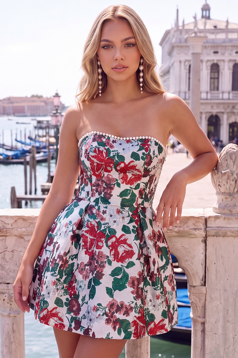 Blue Flower Jacquard A-Line Short Homecoming Dress with Bow