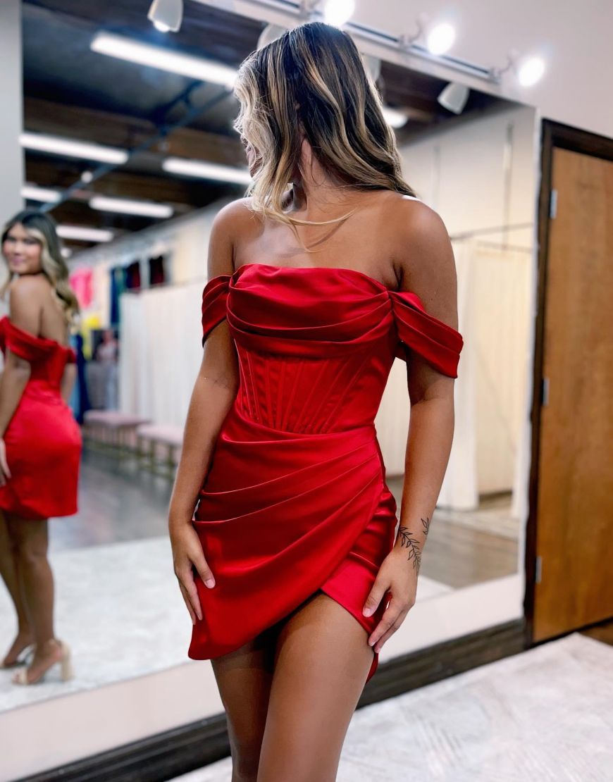 Red Satin Of The Shoulder Short Homecoming Dress
