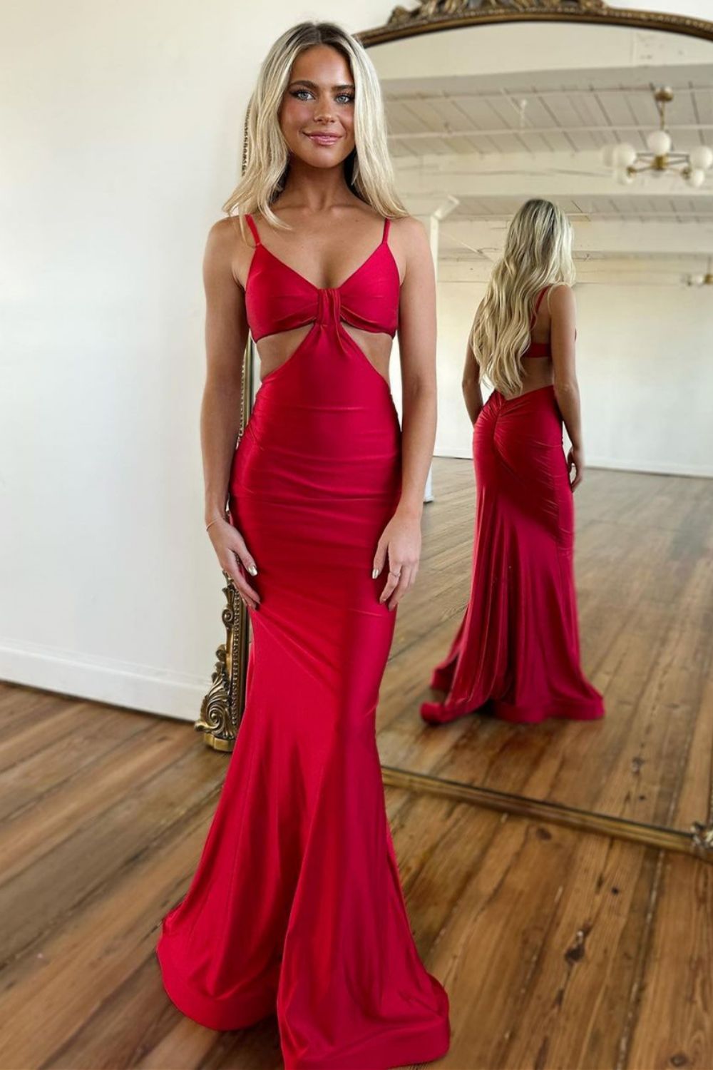 Sexy Red Spaghetti Straps Cutout Waist Long Mermaid Satin Prom Dress
