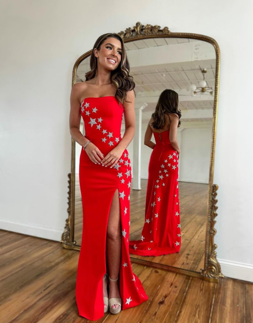 Red Strapless Long Prom Dress With Pentagrams