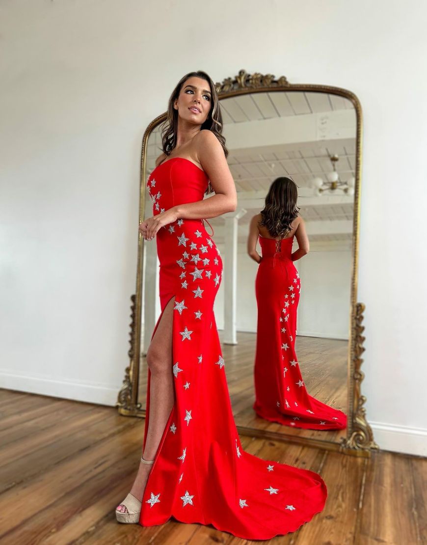 Red Strapless Long Prom Dress With Pentagrams