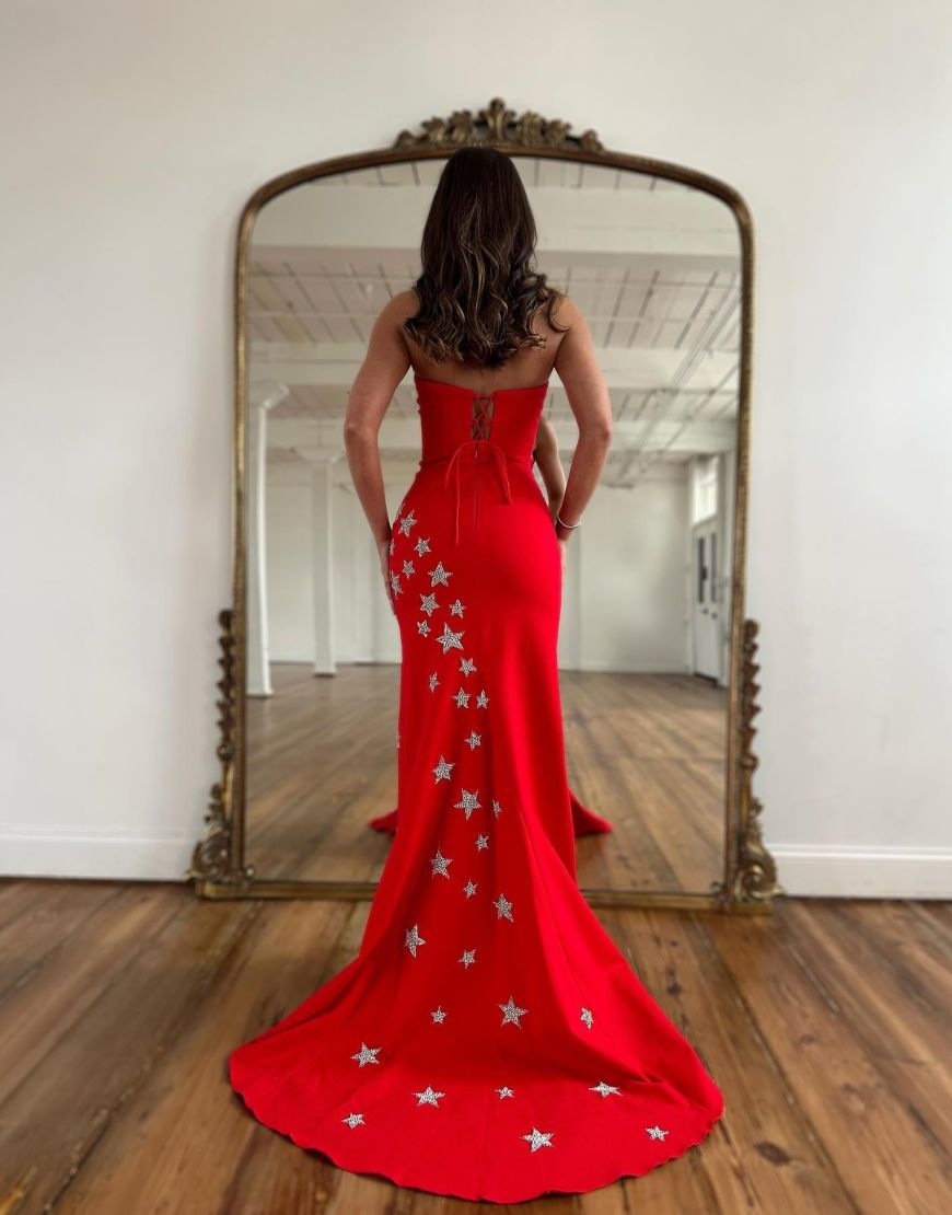 Red Strapless Long Prom Dress With Pentagrams