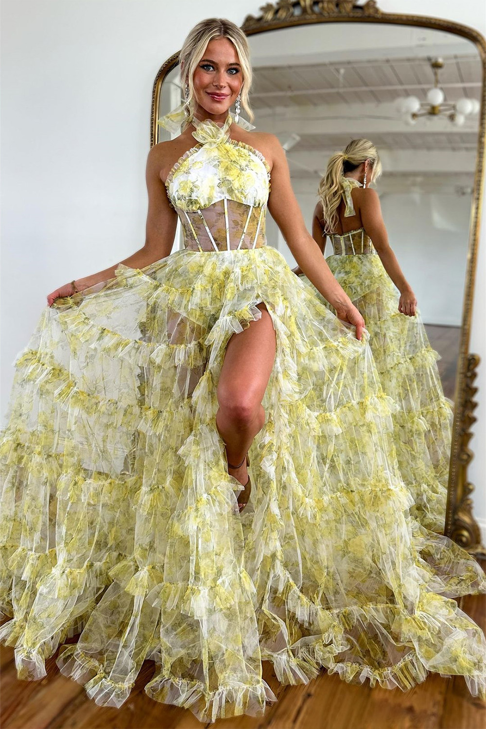 Romantic Yellow A-Line Halter Neck Long Tulle Prom Dress With High Slit