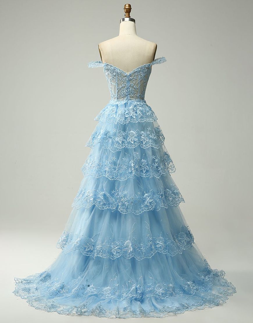 Princess A-Line Off The Shoulder Tiered Prom Dress With Appliques