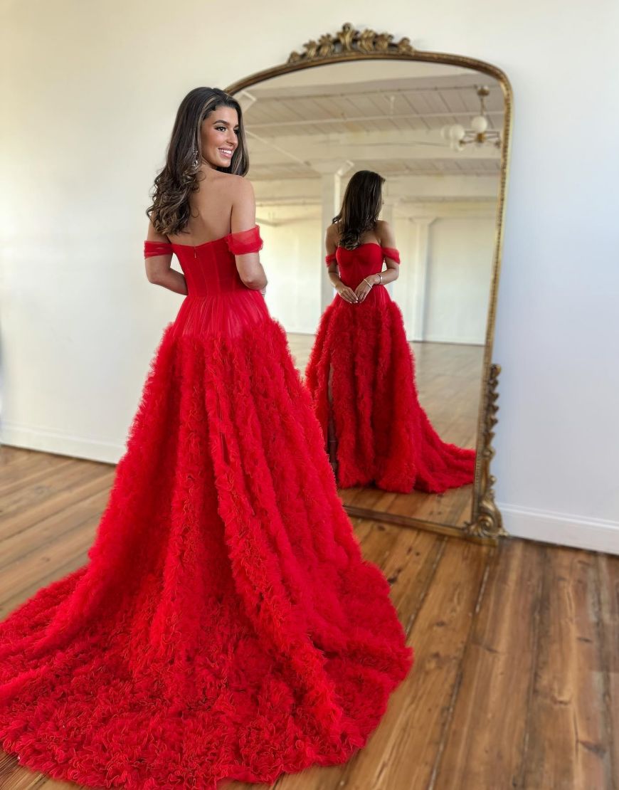Romantic A-Line Tiered Off The Shoulder Prom Dress With Split