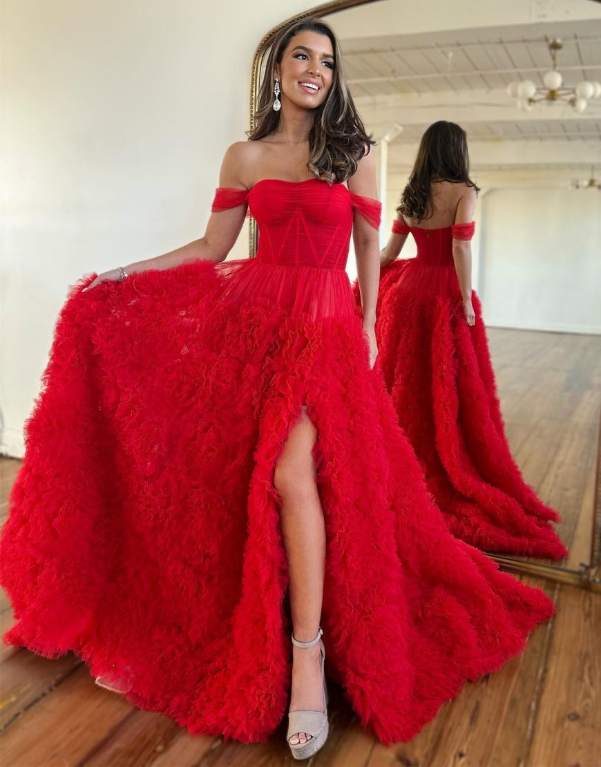 Romantic A-Line Tiered Off The Shoulder Prom Dress With Split