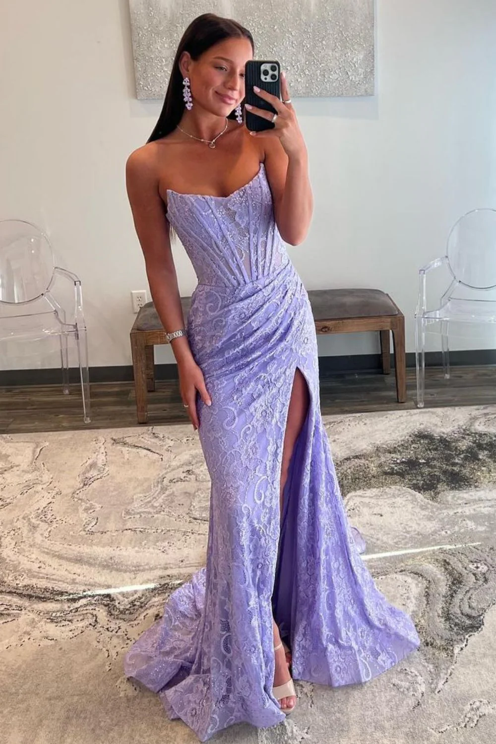 Glitter Mermaid Strapless Sweep Train Lace Prom Dress With Slit