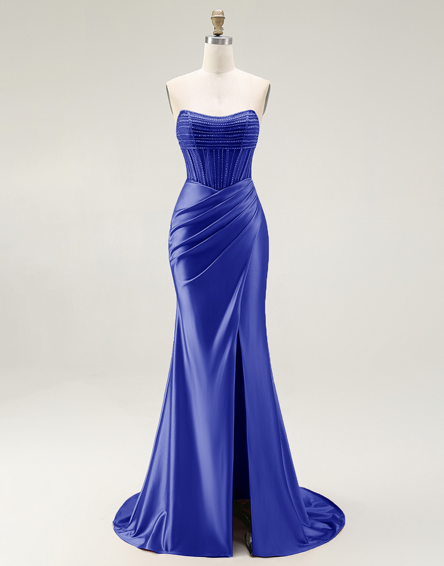 Sparkly Mermaid Blush Strapless Ruched Long Prom Dress with Slit