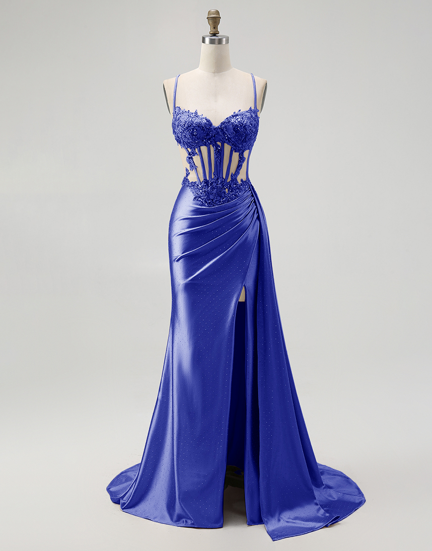 Sparkly Champagne Mermaid Spaghetti Straps Satin Long Prom Dress with Beading