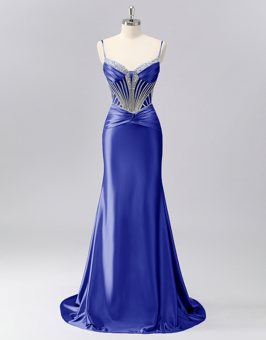 Sparkly Grey Blue Spaghetti Straps Mermaid Long Prom Dress with Beading