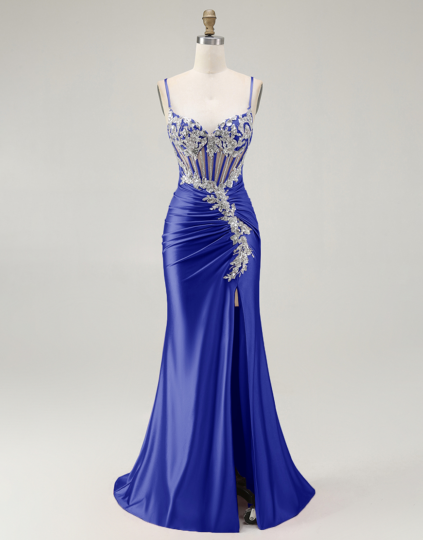 Sparkly Grey Pink Mermaid Satin Corset Long Prom Dress with Slit