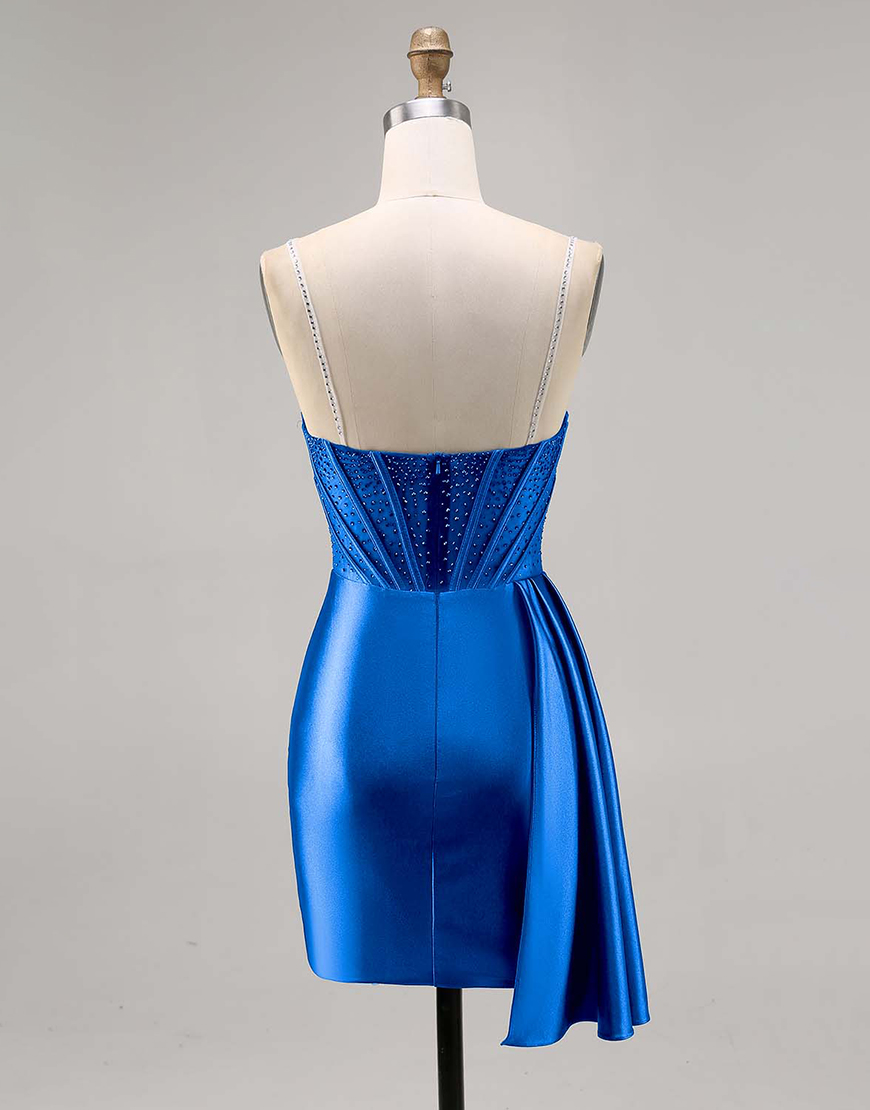 Sparkly Navy Satin Ruffled Short Corset Homecoming Dress with Beading