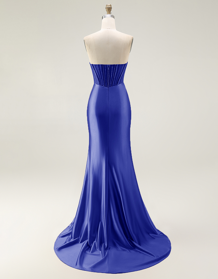 Sparkly Mermaid Blush Strapless Ruched Long Prom Dress with Slit