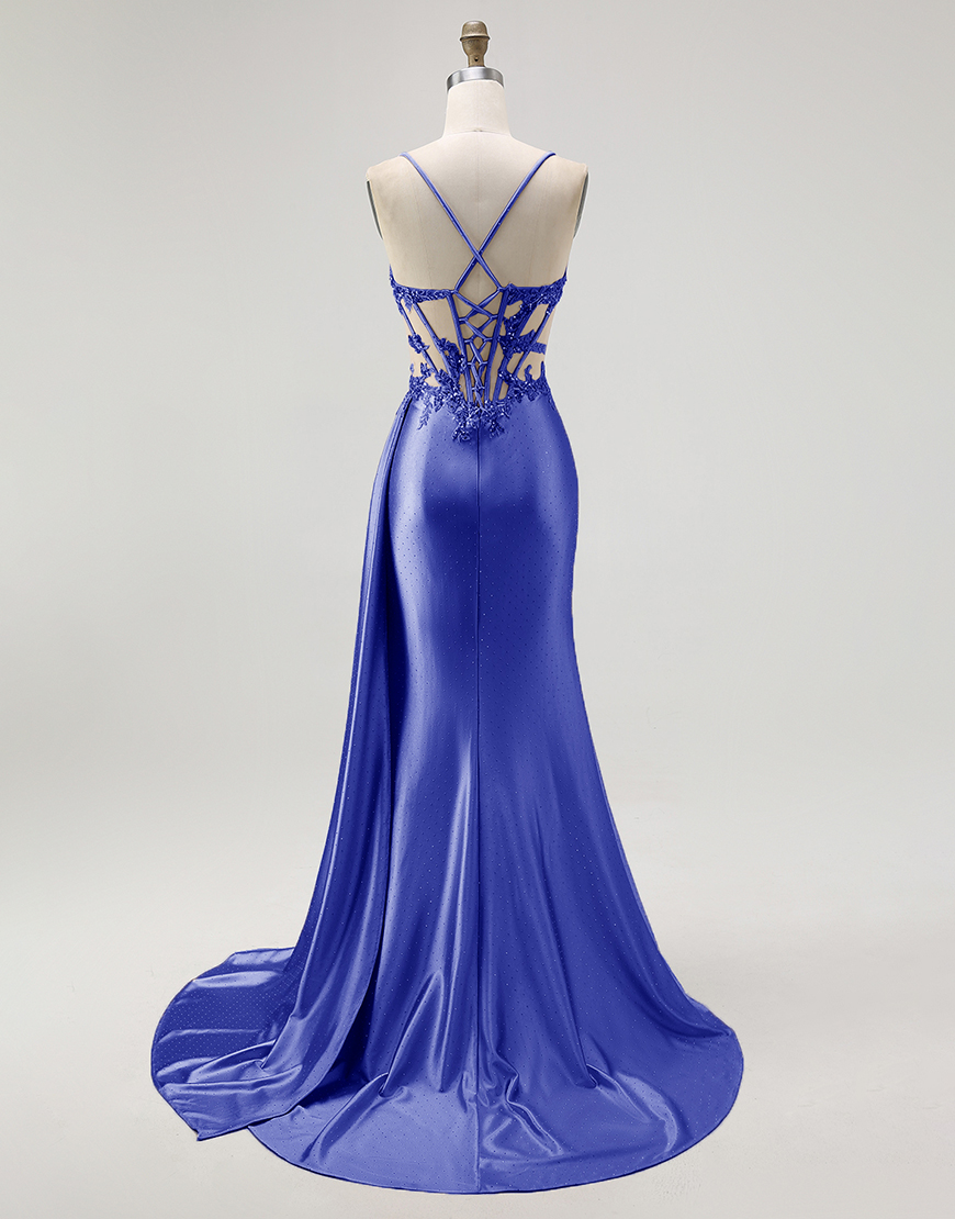 Sparkly Champagne Mermaid Spaghetti Straps Satin Long Prom Dress with Beading