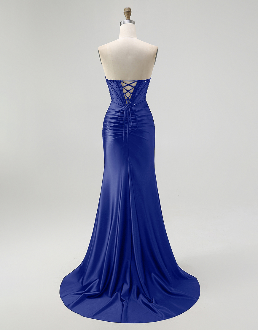 Sparkly Black Mermaid Sweetheart Long Satin Corset Prom Dress with Beading