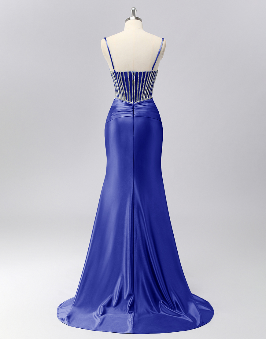 Sparkly Grey Blue Spaghetti Straps Mermaid Long Prom Dress with Beading