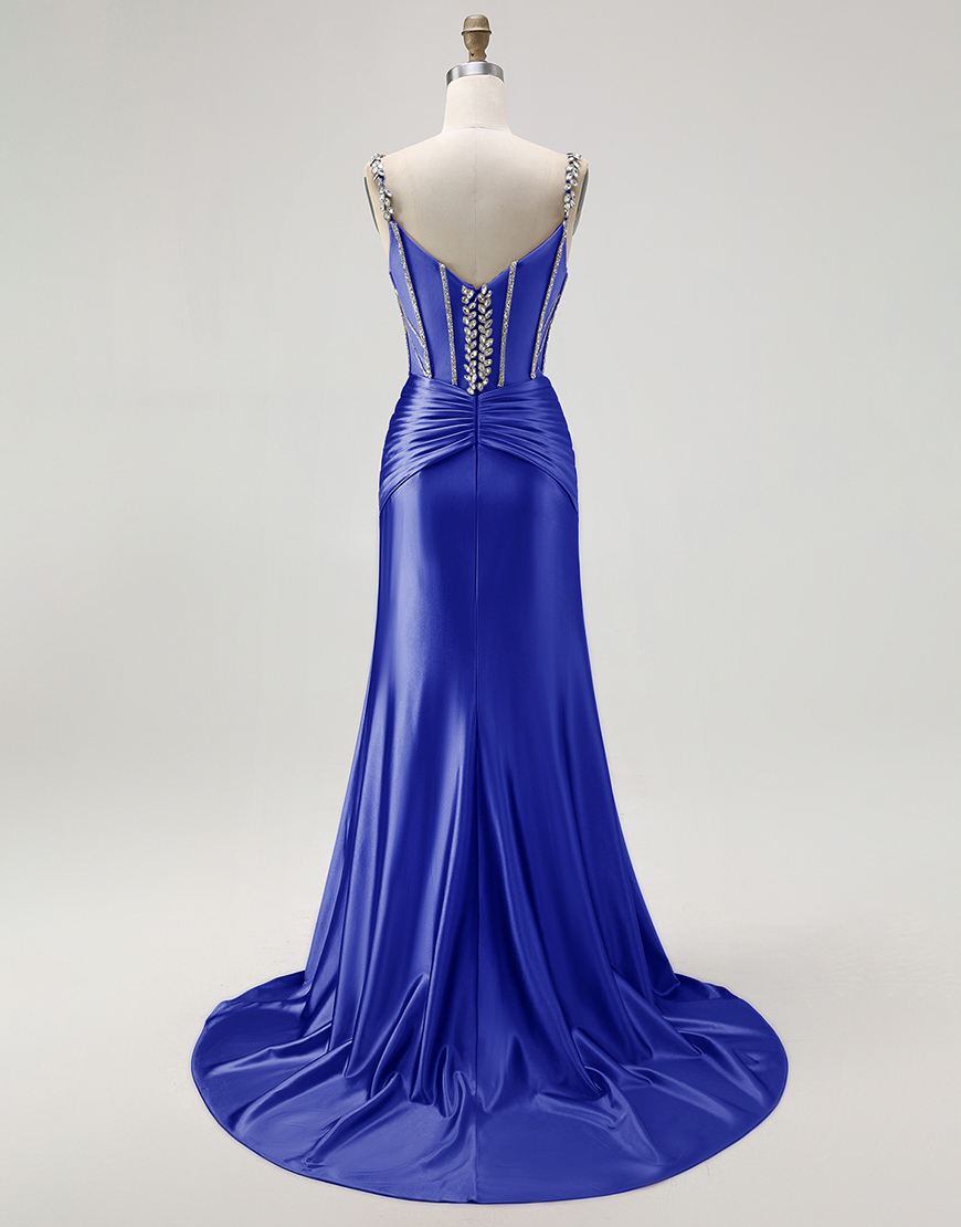 Sparkly Blush Mermaid Spaghetti Straps Long Corset Satin Prom Dress with Beading