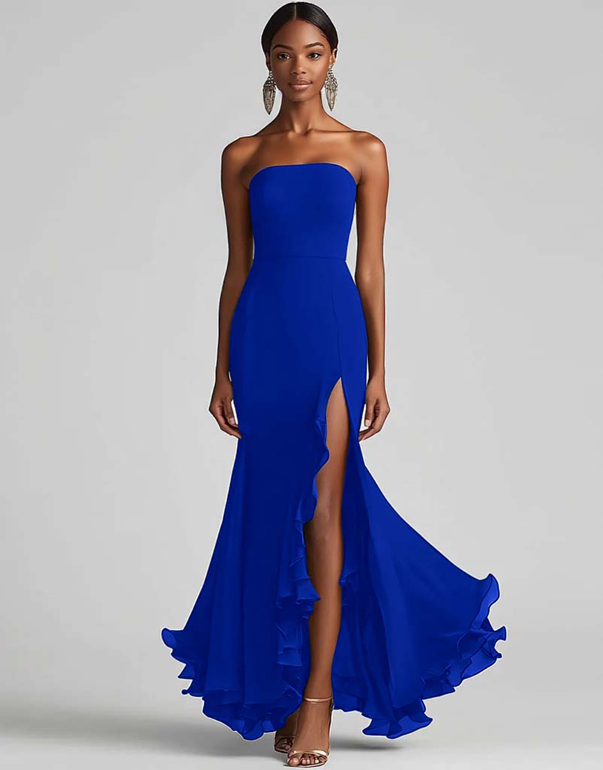 Royal Blue Sheath Strapless Long Chiffon Formal Dress with Slit