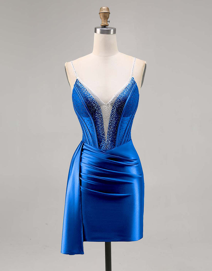 Sparkly Navy Satin Ruffled Short Corset Homecoming Dress with Beading