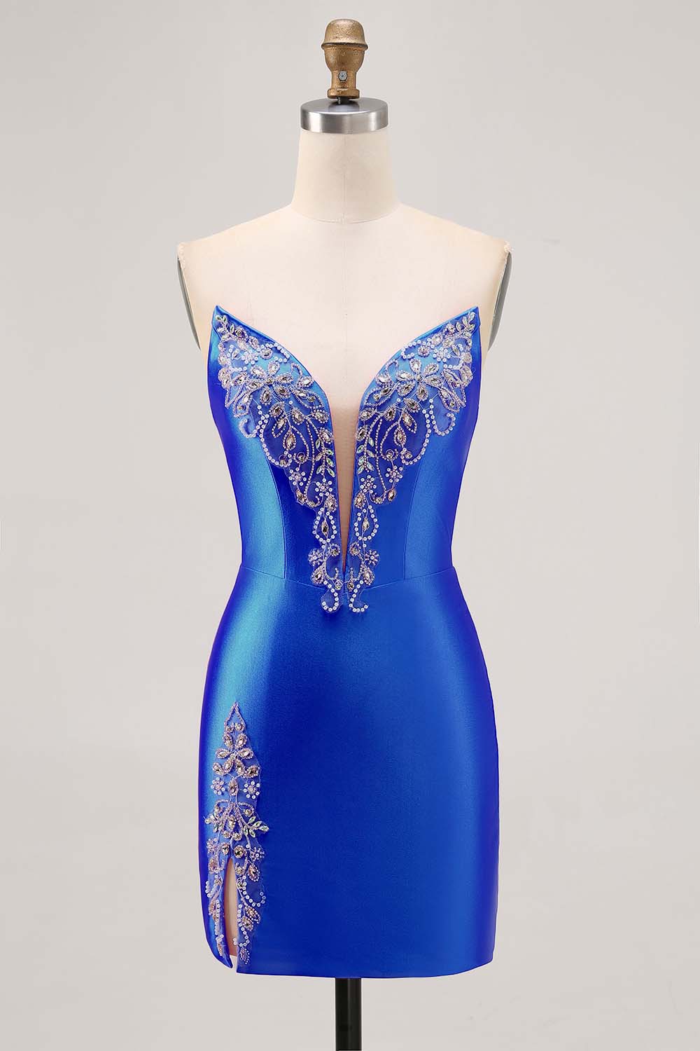 Sparkly Fuchsia Satin Tight Short Strapless Homecoming Dress with Rhinestones