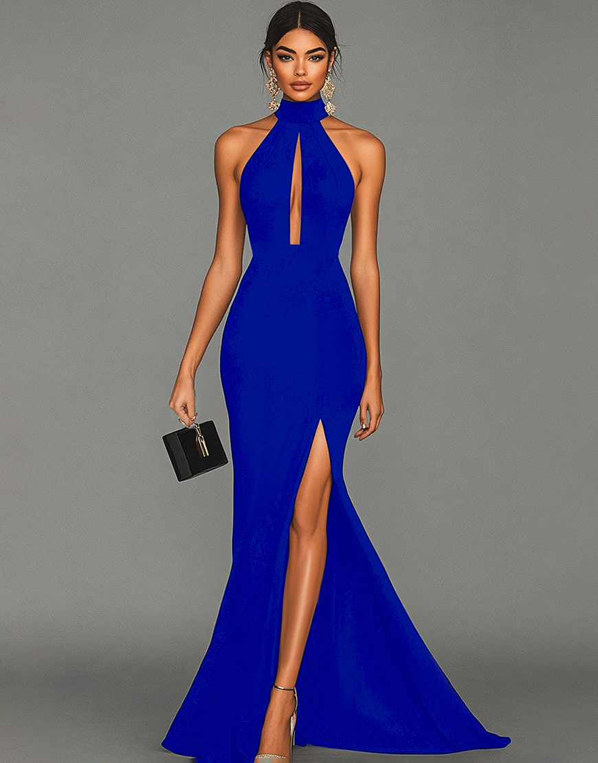 Black Mermaid High Neck Hollow Out Satin Long Formal Dress with Slit