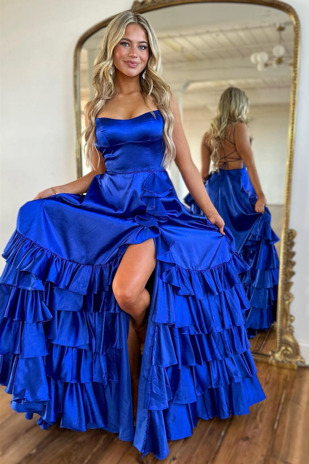 Royal Blue A-Line Spaghetti Straps Lace Up Long Tiered Prom Dress With Split