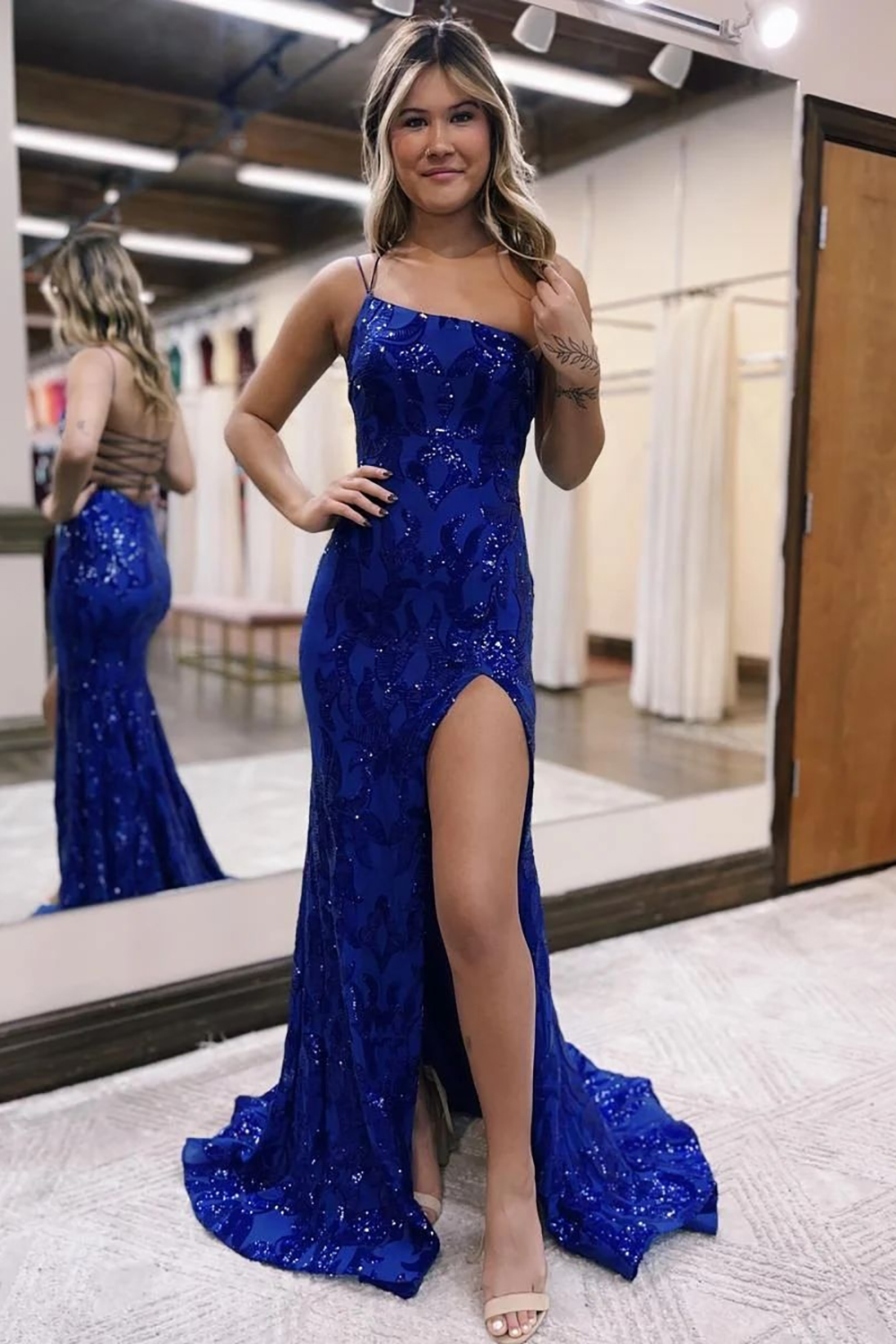 Royal Blue Mermaid One Shoulder Lace Up Long Glitter Prom Dress 