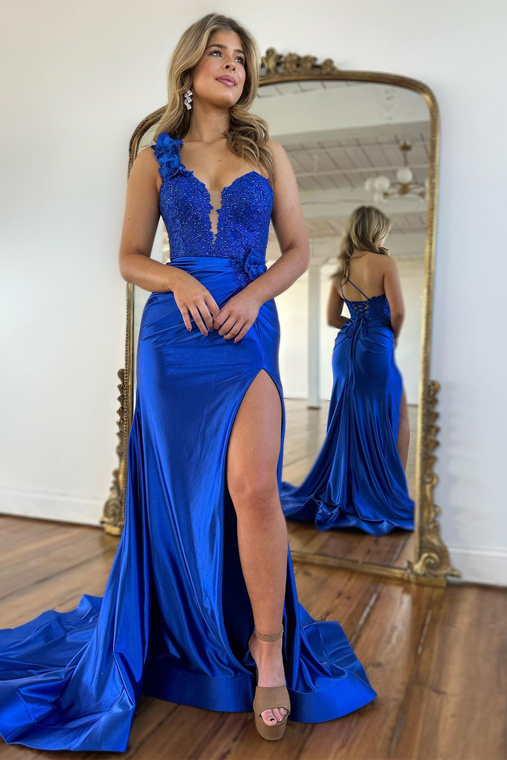 Royal Blue Mermaid One Shoulder Lace Up Long Satin Prom Dress With Split