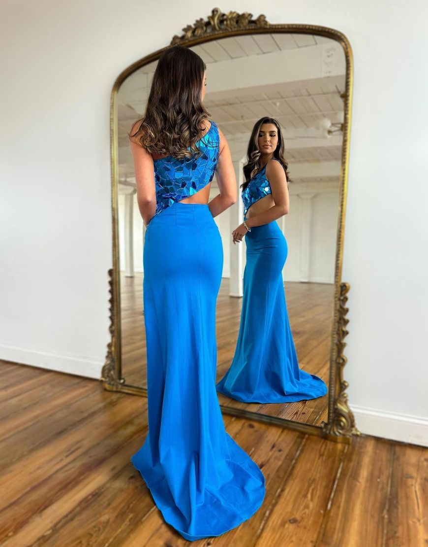 Royal Blue One Shoulder Satin Long Prom Dress With Split