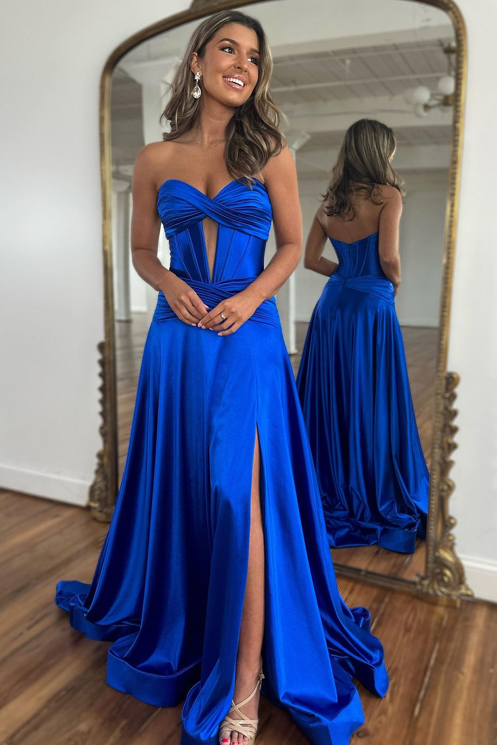 Royal Blue Sweetheart Zipper Back Long Satin Prom Dress With Split