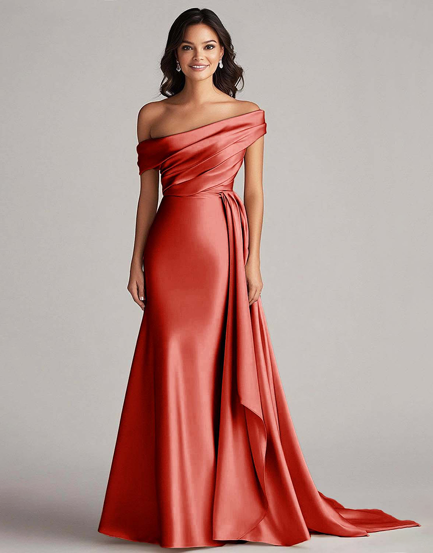 Elegant Champagne One Shoulder Bodycon Satin Long Prom Dress With Ruffles