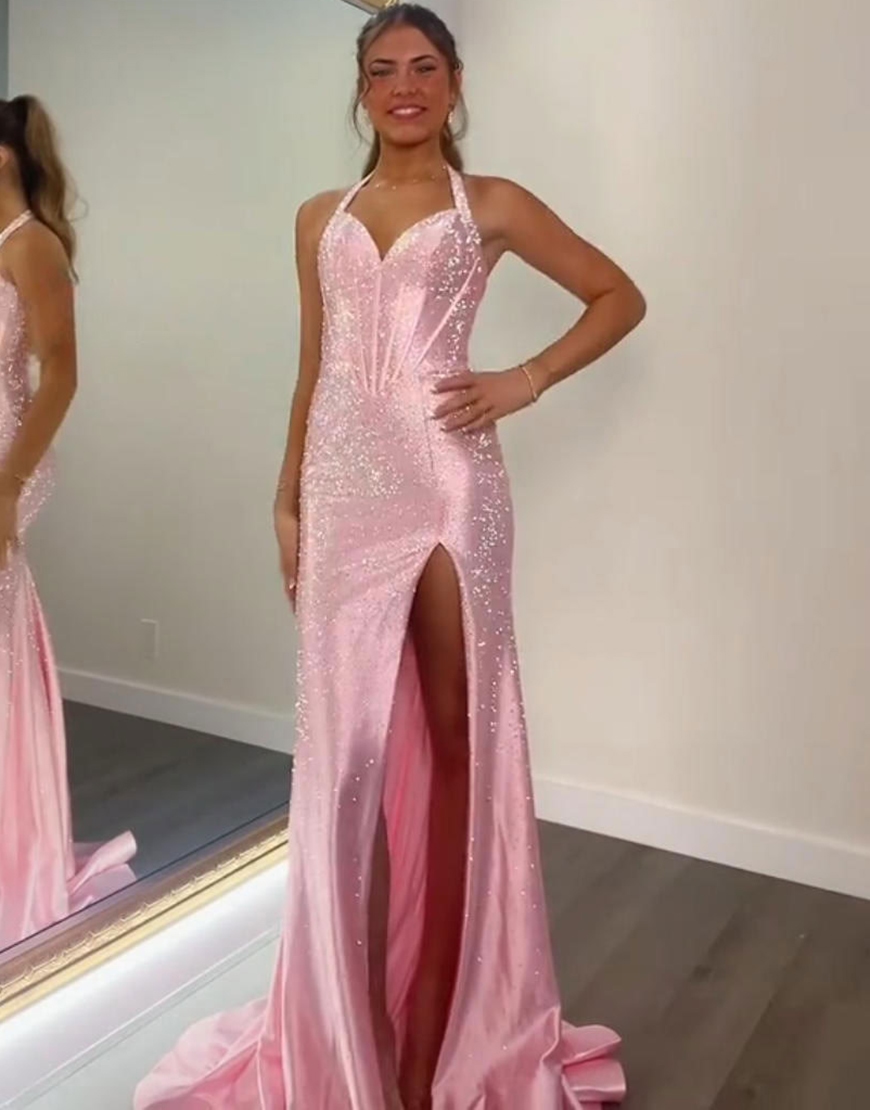 Sparkly Peacock Blue Mermaid Beaded Corset Long Prom Dress with Slit