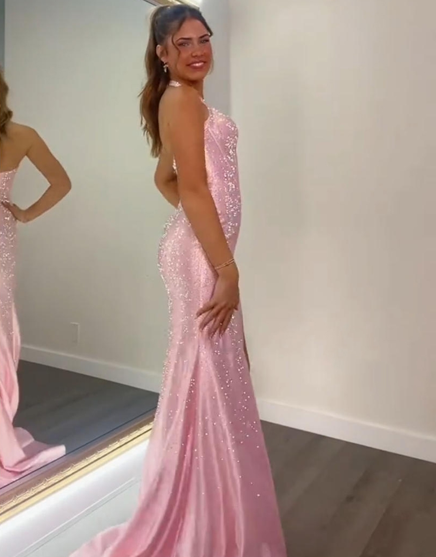 Sparkly Peacock Blue Mermaid Beaded Corset Long Prom Dress with Slit