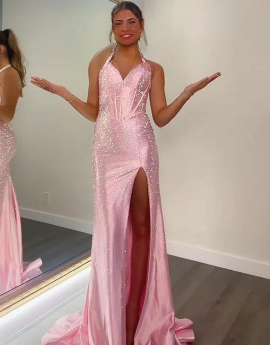 Sparkly Peacock Blue Mermaid Beaded Corset Long Prom Dress with Slit