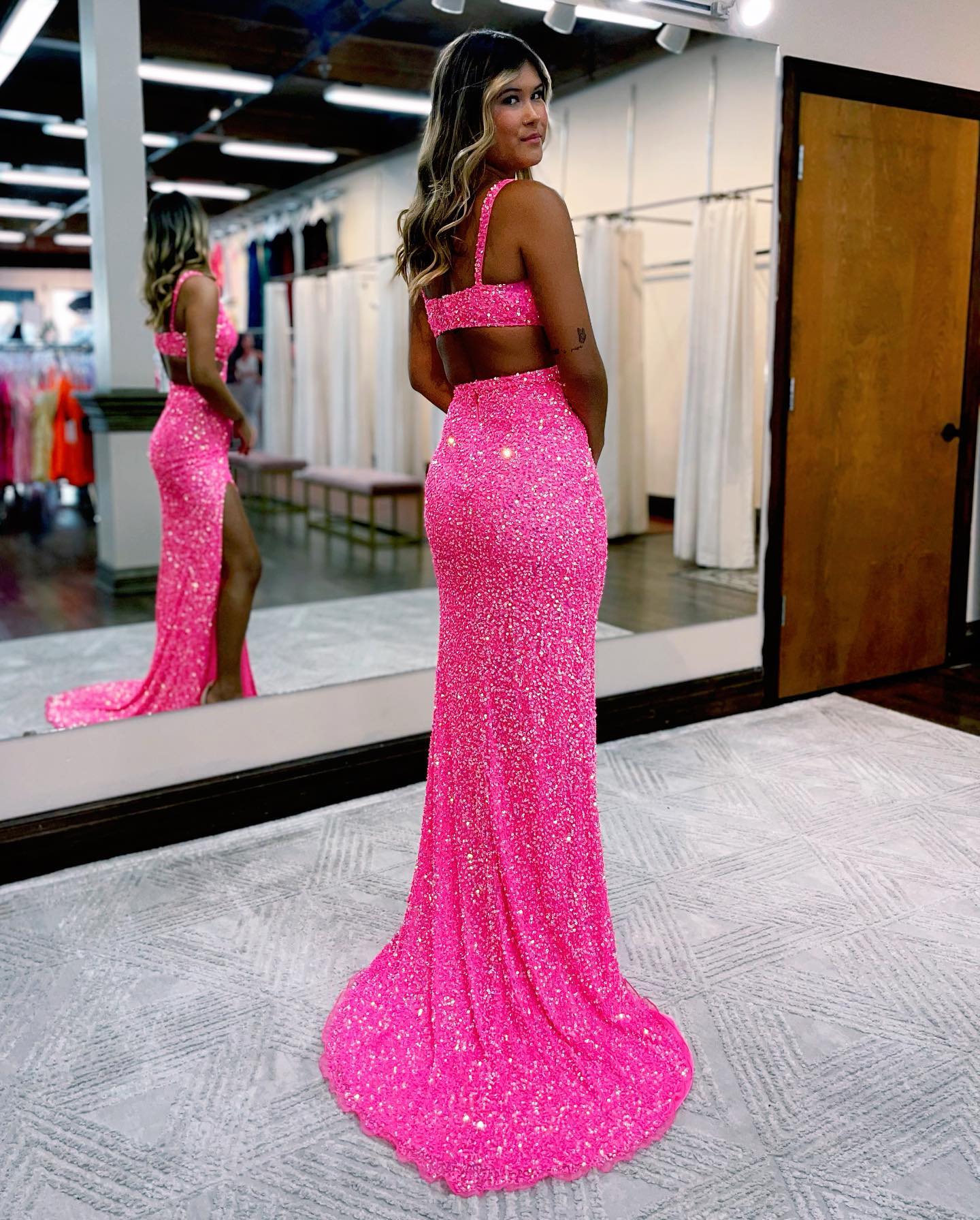 Sexy Hot Pink Sequin Prom Dress With Front Split