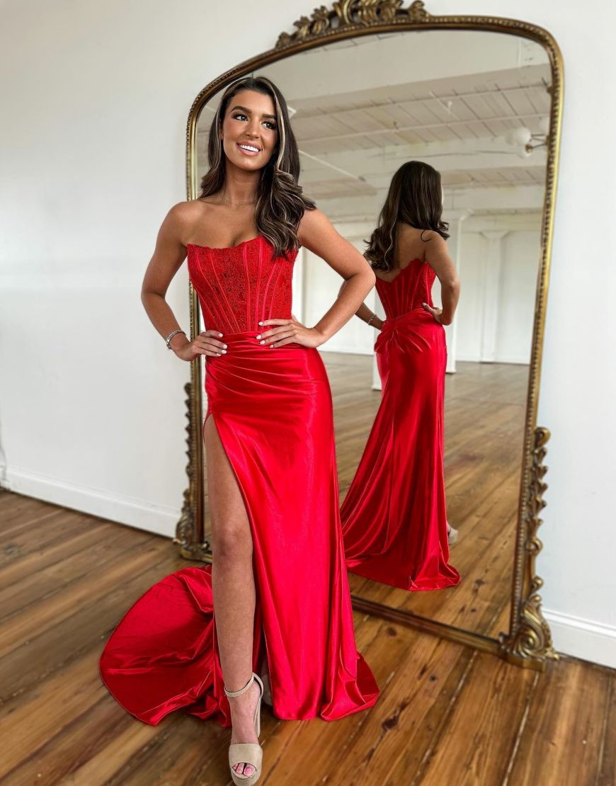 Sexy Red Strapless Long Prom Dress With Split