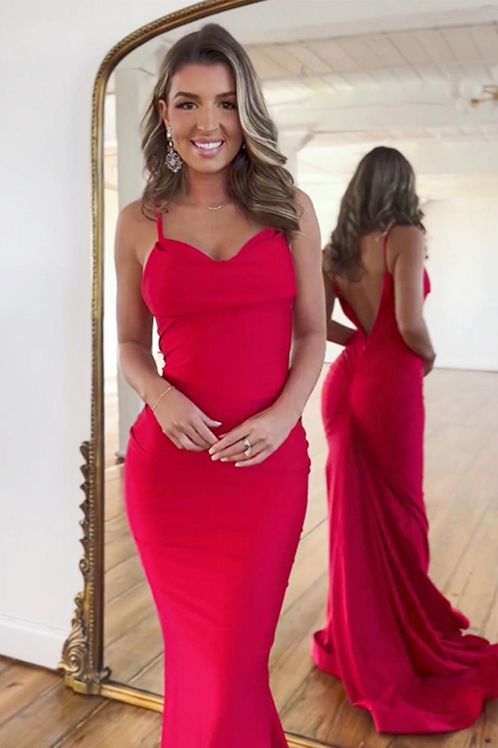 Simple Red Mermaid Spaghetti Straps Long Satin Prom Dress 