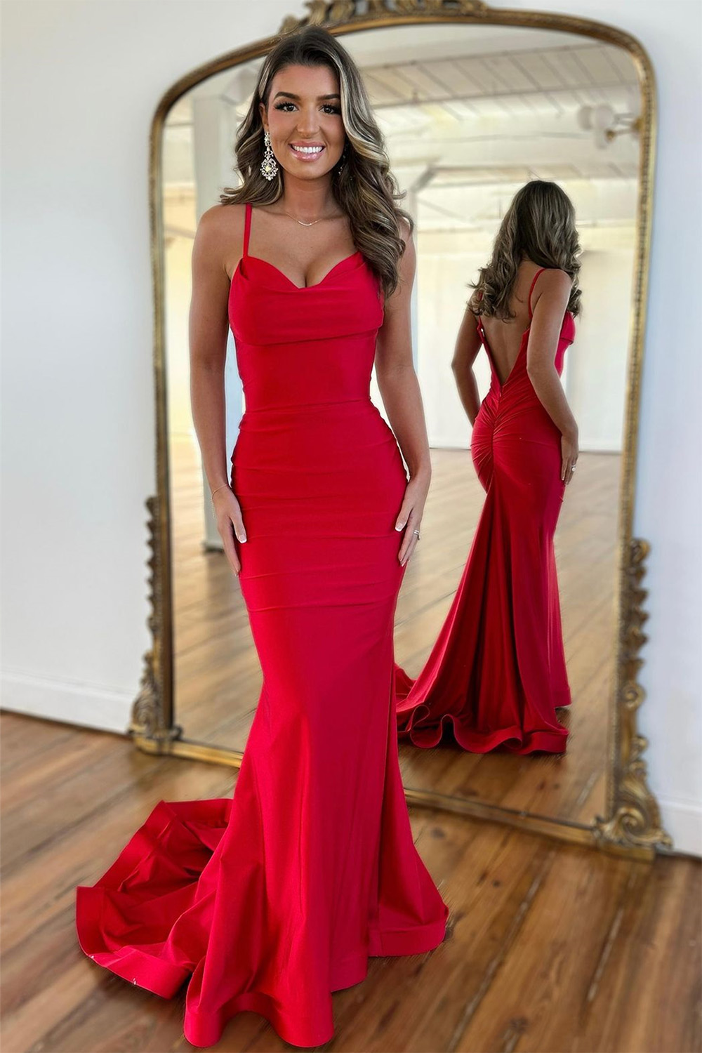 Simple Red Mermaid Spaghetti Straps Long Satin Prom Dress 